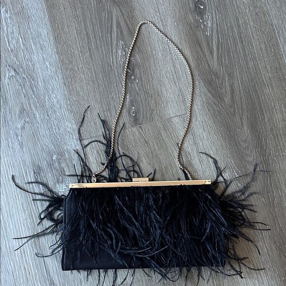 BCBGMaxAzria Black Feathered Clutch Gold Chain - Picture 7 of 12